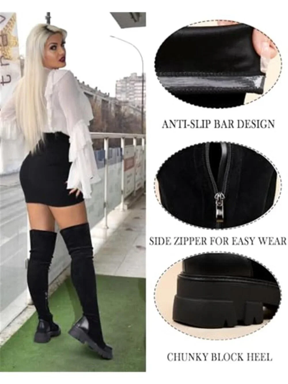Women's Black Thigh High Boots Platform Over The Knee High Boots Lug Sole